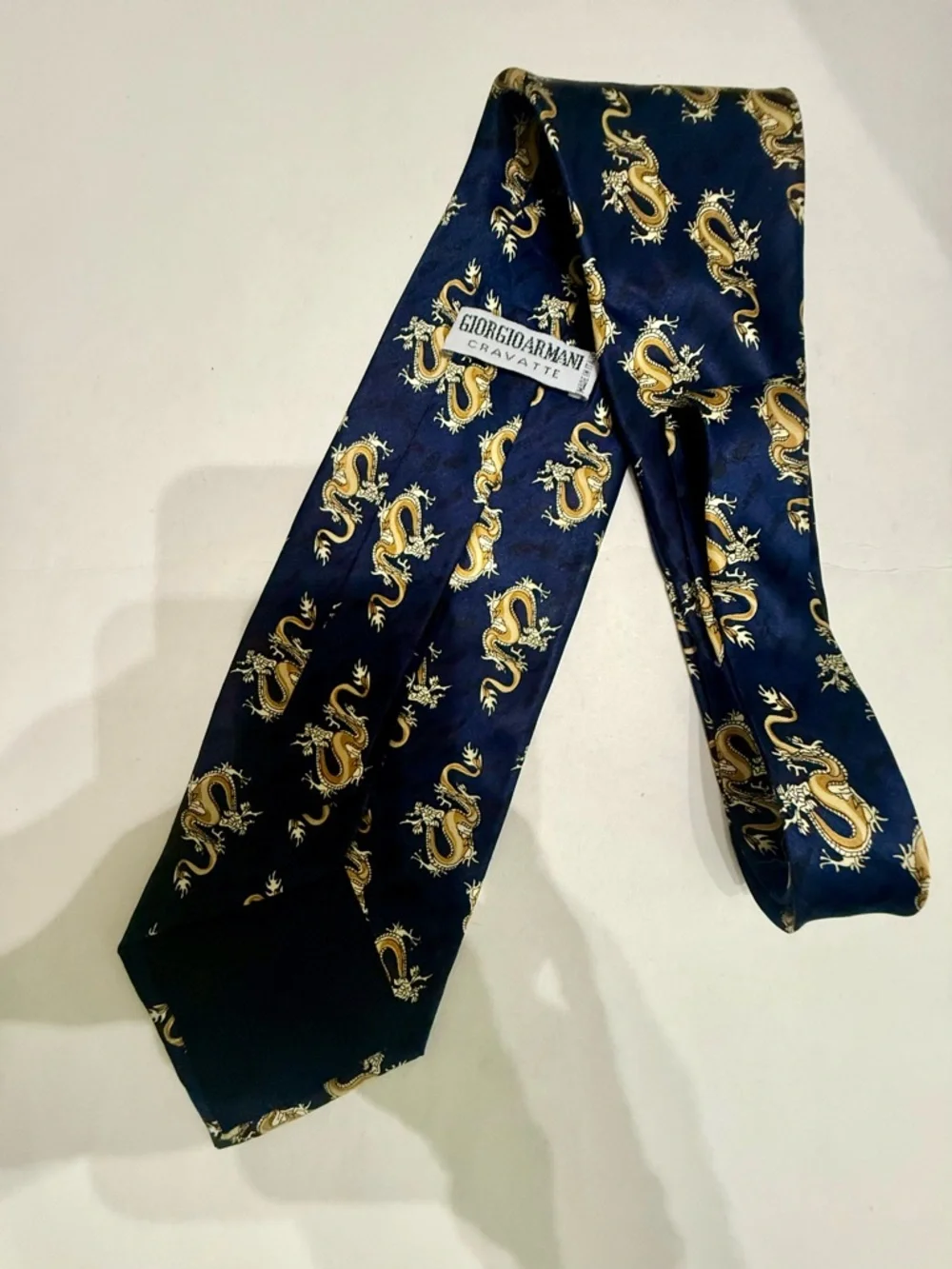Vintage 90s Giorgio Armani Cravatte Silk Tie Golden Dragon Motif Italy - Picture 2 of 5